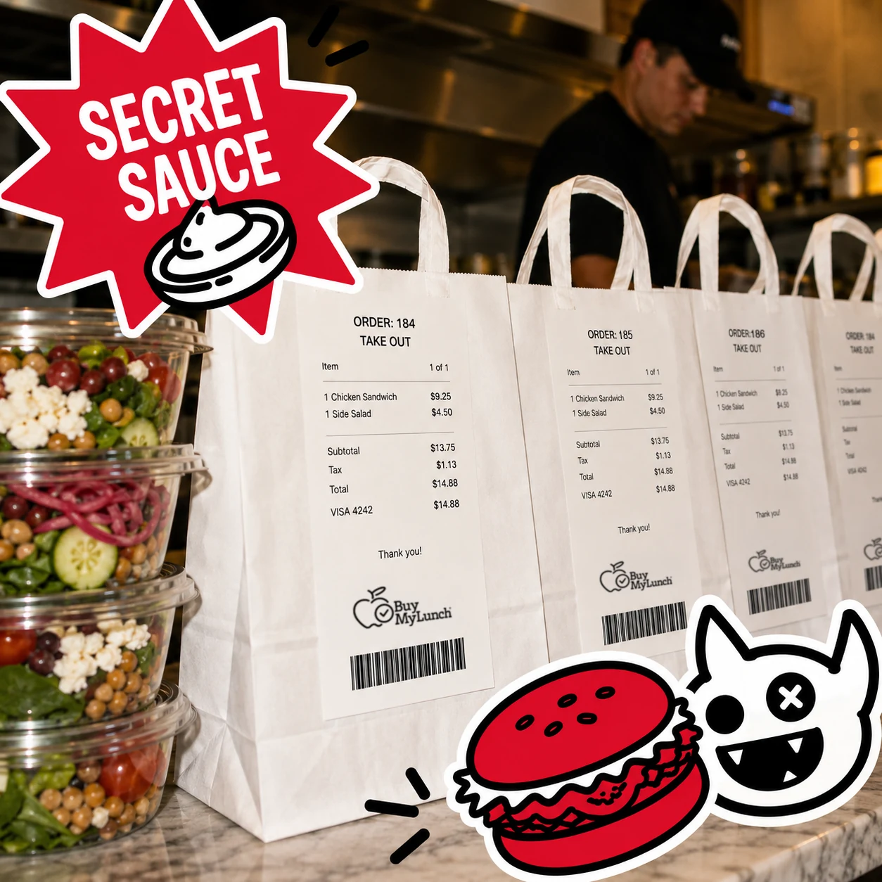 Restaurant orders packed and labeled for school delivery